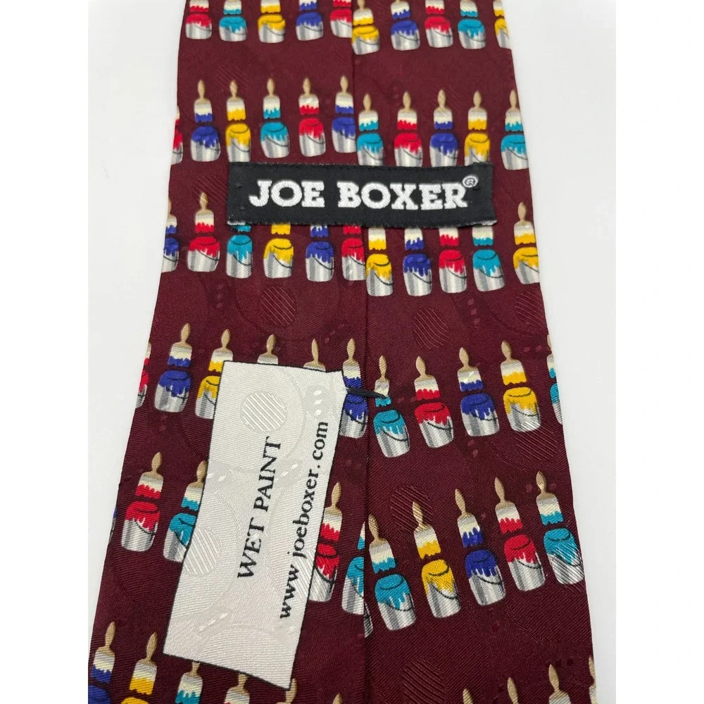 Joe Boxer Mens Silk Tie Burgundy Wet Paint Cans Brushes Art Novelty Made in USA